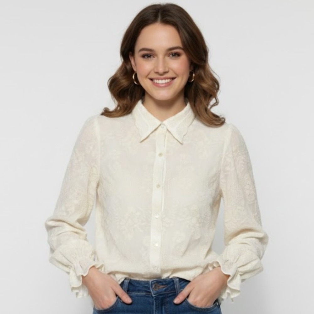 NEW RIHOAS Women Unconventional Lace Floral Sheer Long Sleeve Button Top Cream S